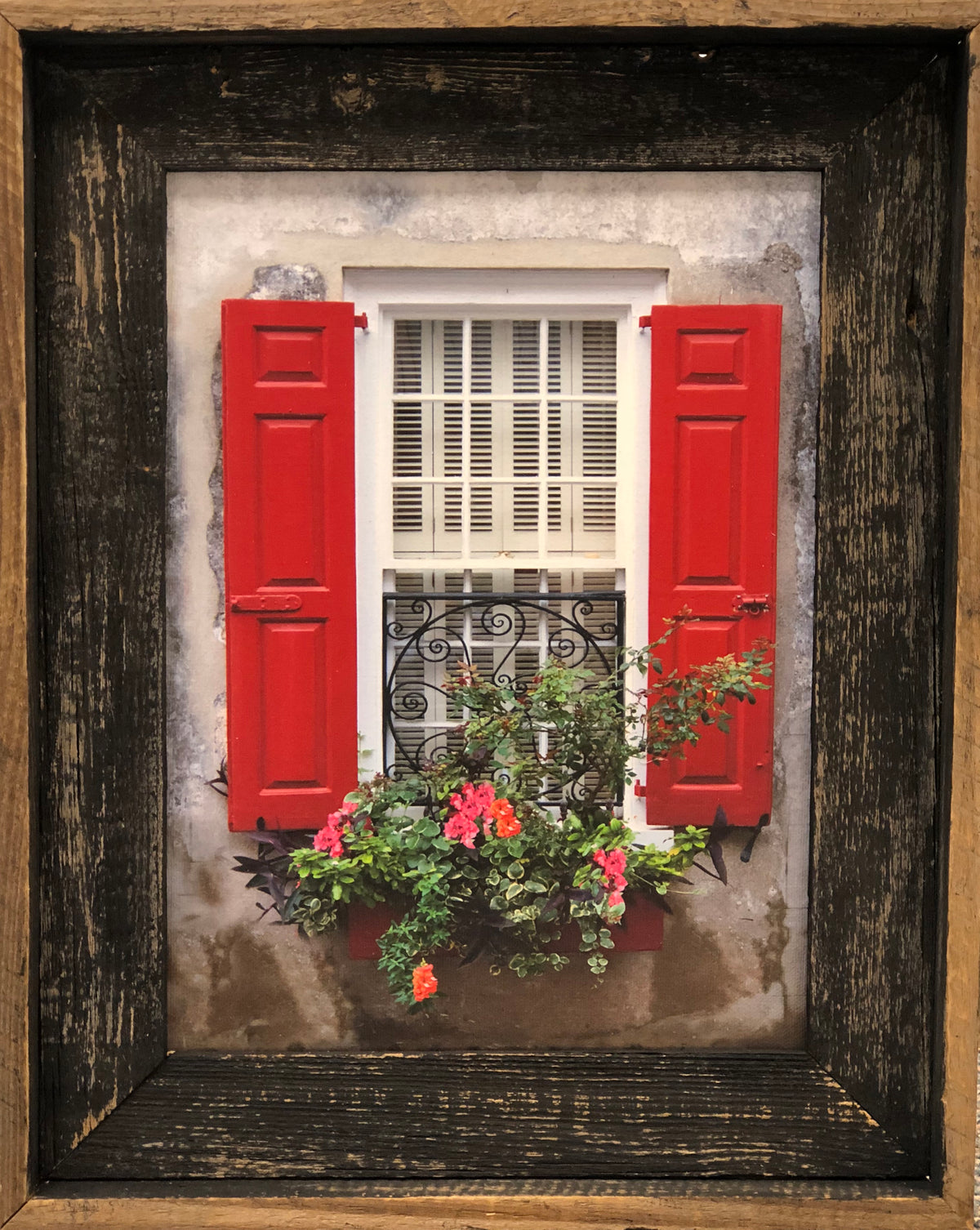 Charleston Windowboxes:  Red Shutters with Ironworks