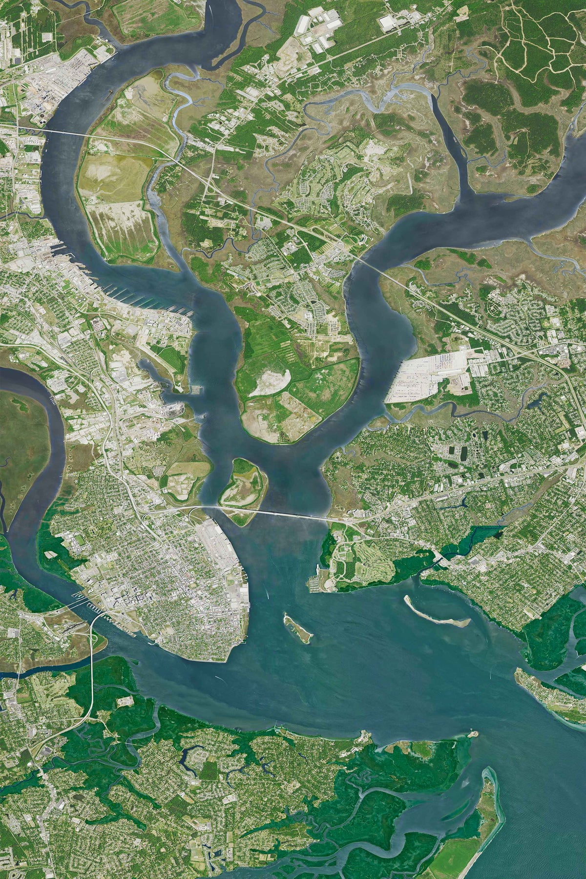 Topographical Image of Charleston Harbor, James, Island, Daniel Island, and Mount Pleasant