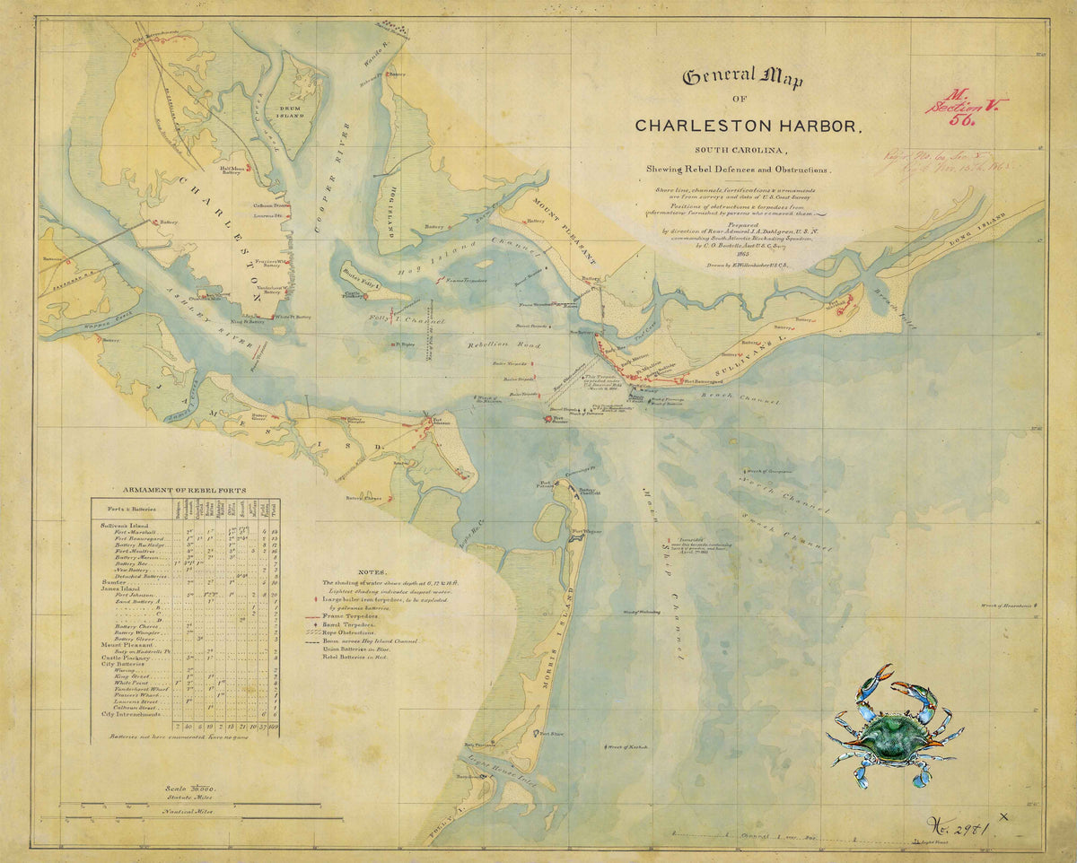 1865 General Map of Charleston Harbor (with crab artwork)