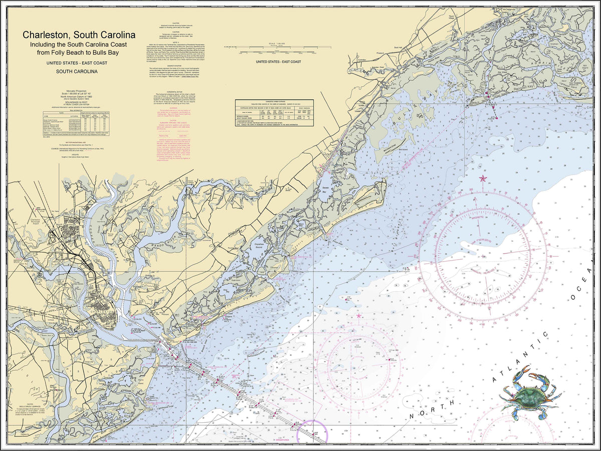 Nautical Chart of Charleston Harbor to Bulls Bay with crab image